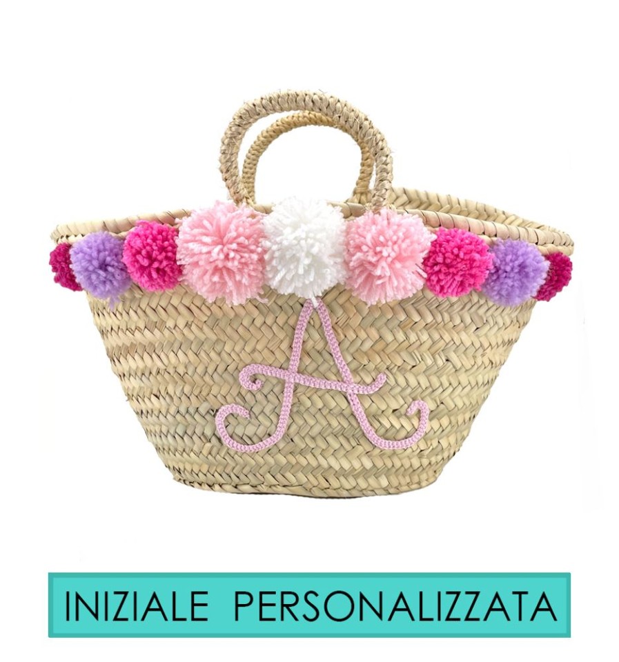 Borse Di Paglia Syrenia | Borsa Di Paglia Con Iniziale Personalizzata Rosa Mix